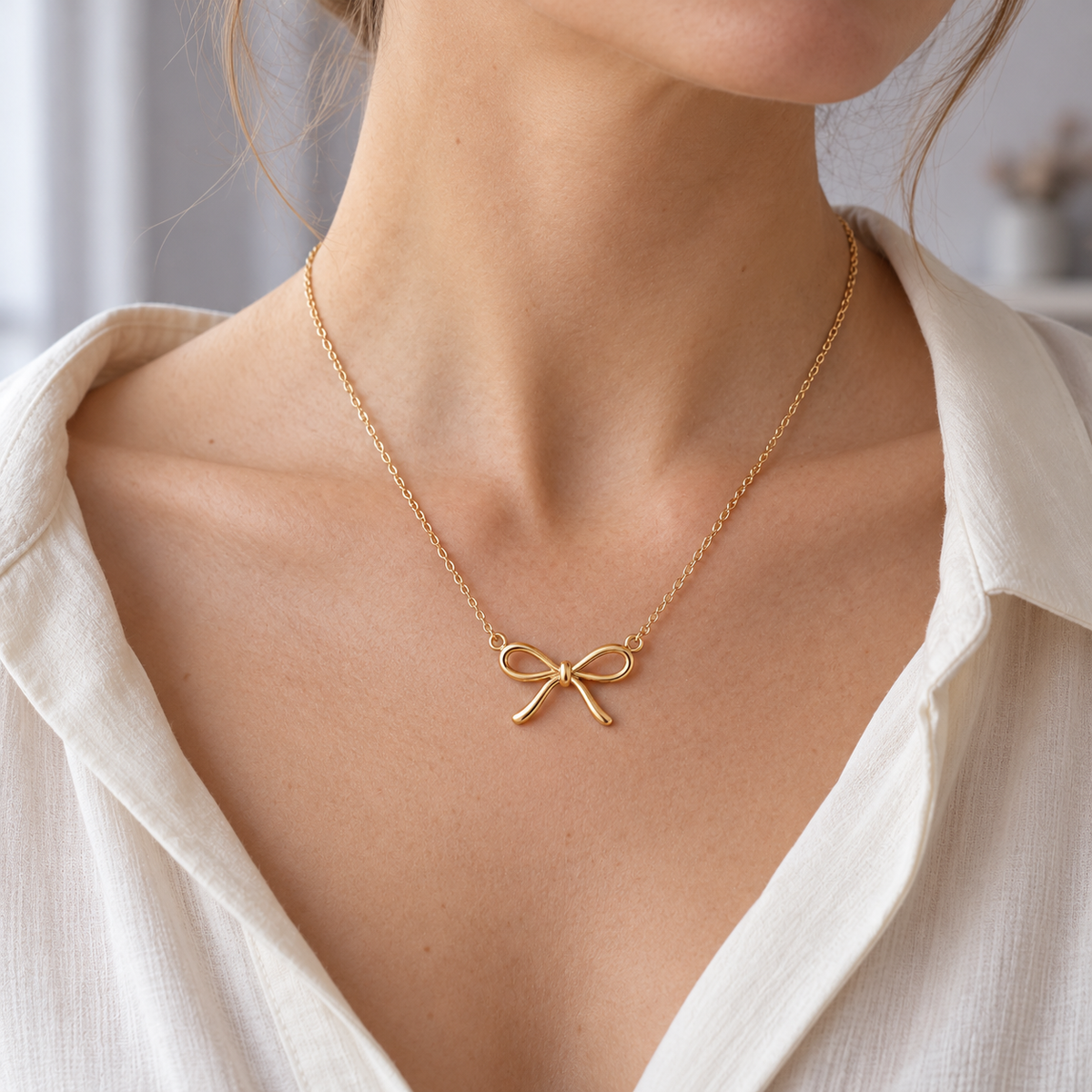elvarinio Delicate Bow Necklace — styled wearing visualization [lifestyle]. AI-generated; product specifications pending verification.