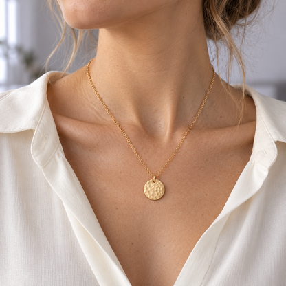 elvarinio Luna Coin Necklace — styled wearing visualization [lifestyle]. AI-generated; product specifications pending verification.