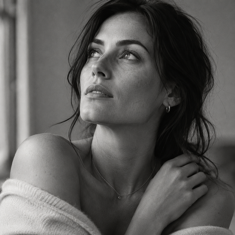 Black and white editorial portrait with delicate jewelry